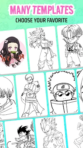 Grid of anime and character sketch templates for selecting favorite drawing designs to customize
