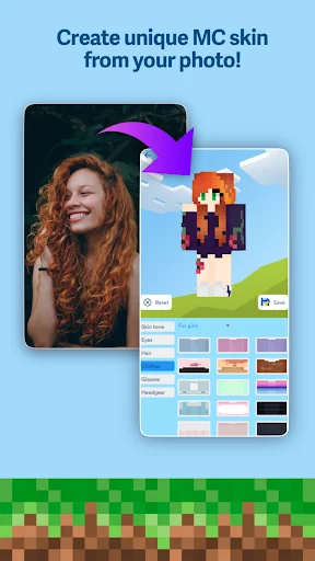 Photo-to-Minecraft skin conversion showing generated character preview and customizable texture pattern selection options