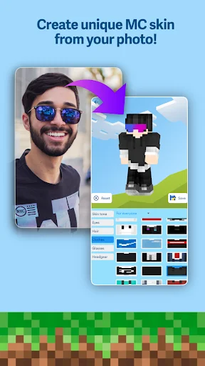 Portrait-to-Minecraft skin converter displaying generated pixelated character and texture customization options for skins