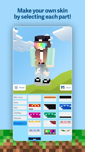 Minecraft skin creator interface with character preview and selectable parts including skin tone, eyes, hair, and clothes