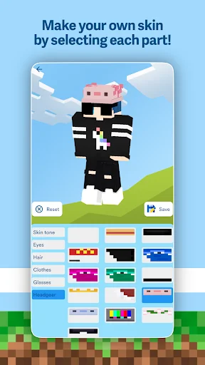 Minecraft skin customization tool with character preview and part-by-part selection including texture and pattern options