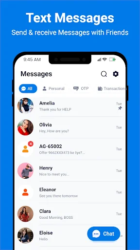 Messages inbox showing SMS and OTP message list from contacts with All, Personal, OTP, and Transaction categories