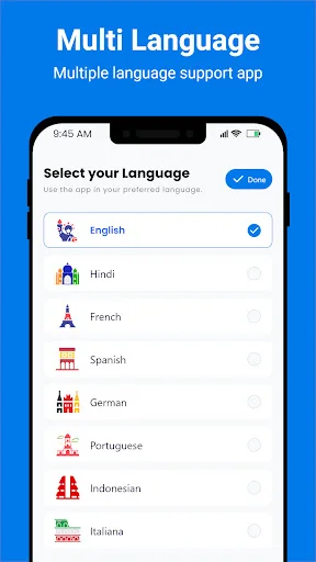 Multi-language support interface for SMS messenger displaying selectable language options with English checked and language icons for global users