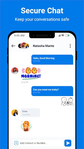 Secure messaging conversation interface showing text messages with emoji reactions, attachments, and secure chat features for protected communications