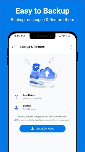 Backup and restore screen with cloud backup feature and backup now button to save text messages securely