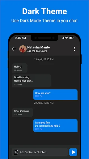 Dark mode chat conversation view displaying message exchange in dark theme for comfortable evening texting