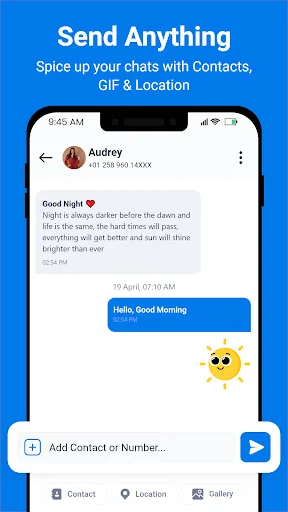 Send anything feature in chat showing message exchange with emoji stickers, sun emoji reaction, and quick action buttons for adding contacts, location, or gallery