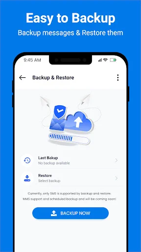 Message backup and restore functionality screen featuring shield protection icon, backup status information, restore option, and backup now action button