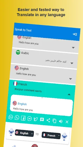 Speak to Text translation interface displaying multiple language options including English, Arabic, and French with real-time translation examples