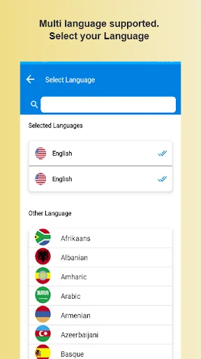Multi-language selection screen with search bar showing supported languages including English, Arabic, French, Afrikaans, Albanian, Amharic, Armenian, and Basque
