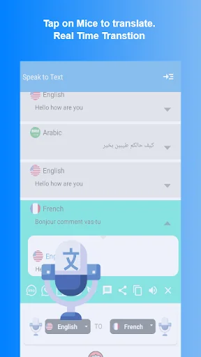 Real-time translation interface with tap-to-translate mice icon showing English to Arabic to French language conversion with translation examples