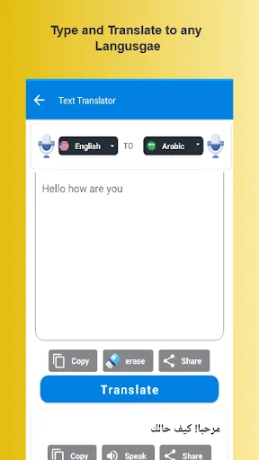 Text translator screen with input field, English to Arabic language selection dropdown buttons, and Copy Erase Share Translate action buttons