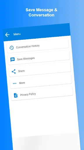 App menu screen with options for Conversation History, Save Messages, Share, More settings, and Privacy Policy for managing translations and conversations