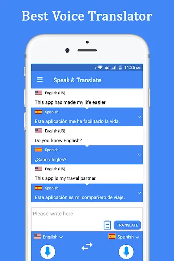 Voice translator app main interface showing English to Spanish translation with multiple translation options, text input area, microphone icons, and language selection dropdowns