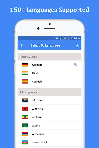 Language selection screen showing 150+ supported languages including Recently Used list and All Languages section with German, Hindi, Spanish, Arabic, Afrikaans, Albanian displayed