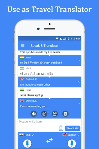 Travel translator feature demonstrating Hindi to English translation of travel-related phrases with multiple translation results, language dropdowns, and voice input microphone buttons