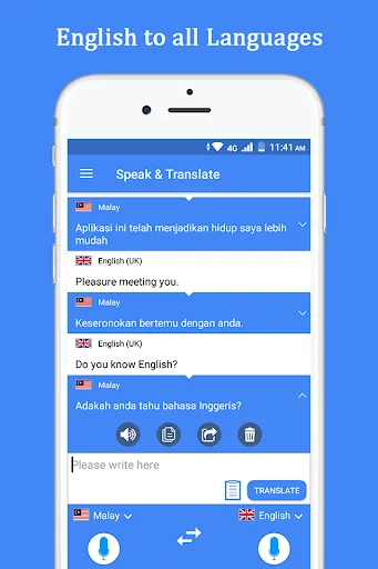 English to all languages translator showing Malay to English translation with multiple phrase translations, dictionary-style display, and comprehensive language conversion options