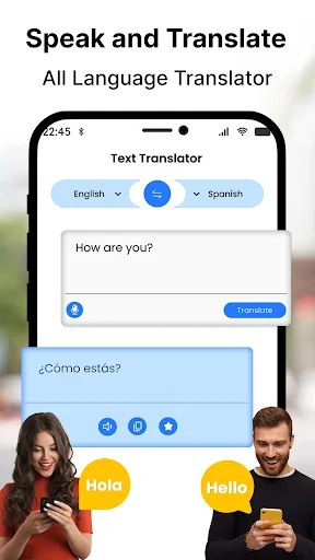 Text translator interface showing English-to-Spanish language selection with example 'How are you?' and translate button functionality