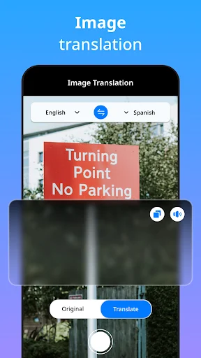 Image translation feature displaying a parking sign being translated from English to Spanish with original and translate button options