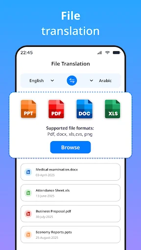 File translation interface supporting PDF, DOC, XLS, and PPT formats with browse button to upload documents for translation to Arabic
