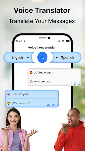 Voice translator app displaying real-time English-Spanish conversation translation between two speakers with message examples