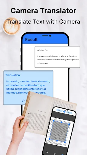 Camera translator capturing printed text from book and displaying side-by-side English-Spanish translation results on phone