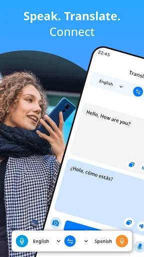 Speak and Translate app main screen showing voice translation interface with English and Spanish language selection buttons for real-time communication