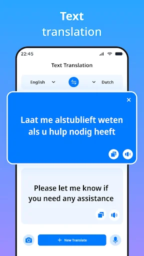 Text translation feature displaying English to Dutch translation of user input with copy and playback controls for translated content