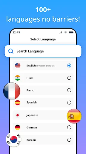 Language selection screen showing 100+ supported languages including English, Hindi, French, Spanish, Japanese, German, and Korean with search bar