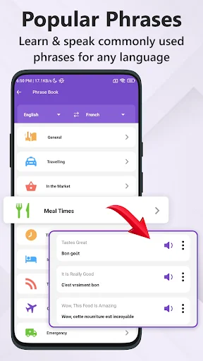 Popular Phrases showing English-French translations with audio playback, organized by Traveling and Meal Times categories
