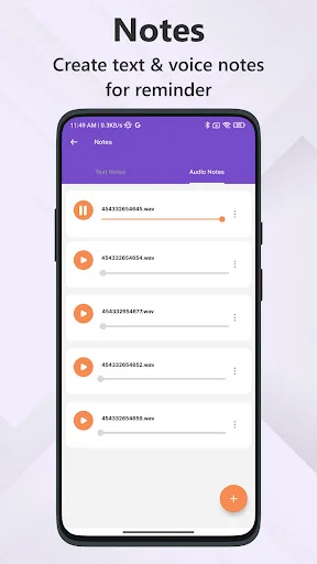 Notes screen displaying voice notes list with timestamps and add button to create text and voice reminders