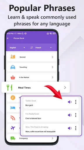 Popular Phrases showing English-French translations with audio buttons for learning and speaking common phrases