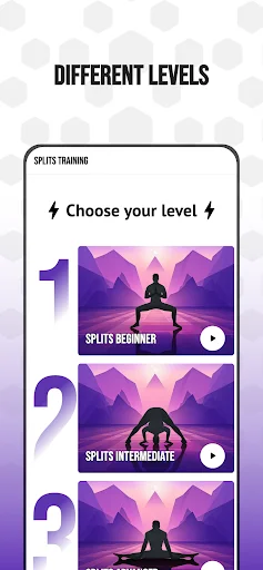 Level selection screen showing Splits Beginner, Splits Intermediate, and advanced level options for progressive training