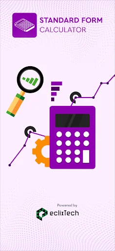 Standard Form Calculator app welcome screen featuring app logo, title, and colorful illustrations of calculator, magnifying glass, gears, and graph icons on pink background