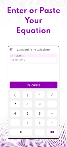 Input screen with purple heading 'Enter or Paste Your Equation', text input field showing sample equation, Calculate button, and calculator keypad with numbers and operators