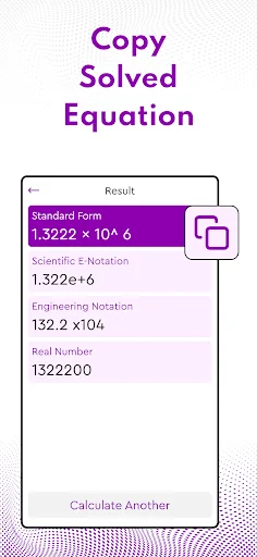 Copy function screen showing solved equation result 1.3222 × 10^6 with copy icon highlighted, displaying standard form, scientific notation, engineering notation, and real number outputs