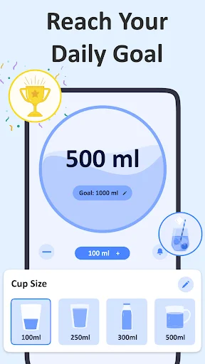 Water Tracker daily goal screen showing 500ml current intake progress toward 1000ml target, with quick add button and selectable cup sizes for logging water.