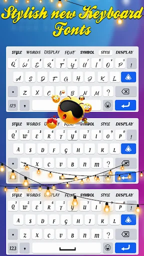 Stylish Fonts Keyboard app showing three customizable keyboard layouts with decorative fonts and symbols for fancy text typing