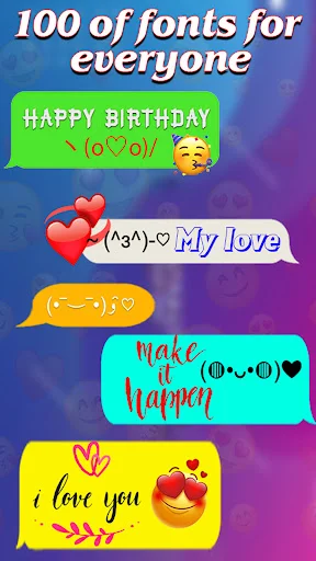 Font showcase screen displaying 100+ stylish text options including birthday messages, love notes with emojis and decorative fonts
