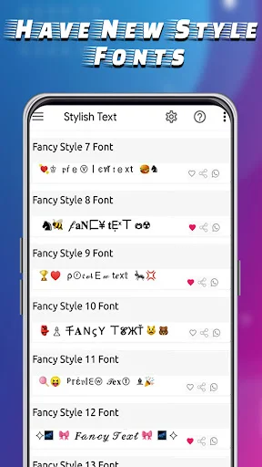 Font selection menu displaying various fancy text styles numbered 7-12 with heart emojis and decorative character options