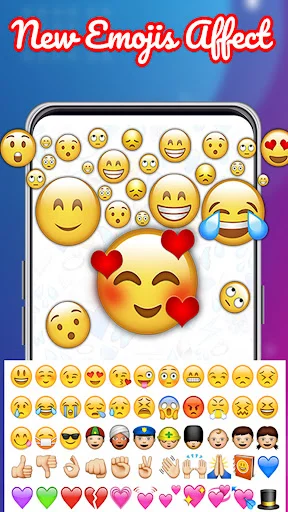 Emoji keyboard interface with hundreds of expressive emojis, smileys, hearts and symbols for enhanced text messaging