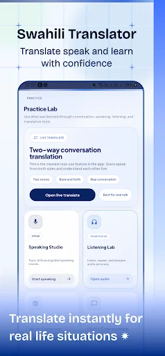Swahili translator app showing two-way conversation translation and instant translate engine for real-life situation practice