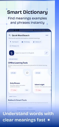 Smart Dictionary app interface displaying quick word search, offline learning tools, daily phrases, and idiom meanings for Swahili learners