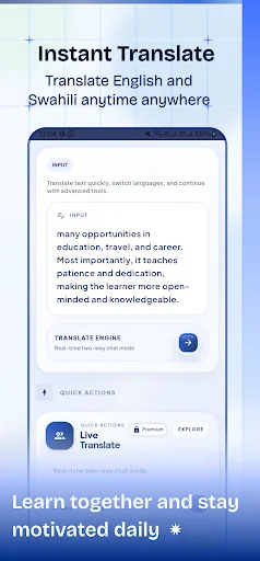 Instant Translate feature of Swahili translator app enabling real-time English to Swahili translation with live translate engine