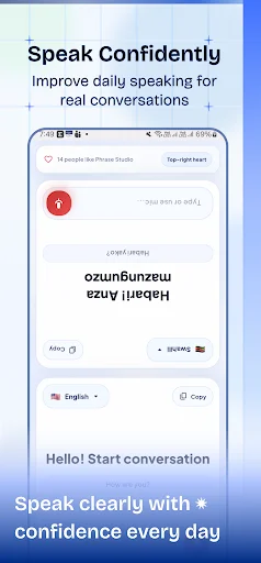 Speak Confidently interface for practicing real conversations with native speakers, audio pronunciation, and language translation tools