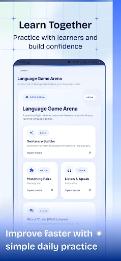 Learn Together section featuring interactive language games including sentence builder, word chain multiplayer, and listening-speaking practice
