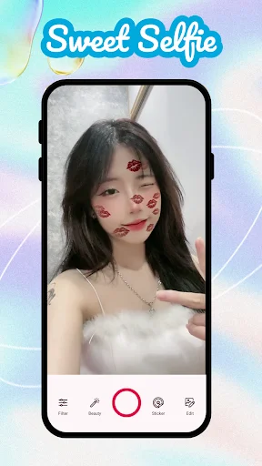 Sweet Camera Selfie app showing woman with kiss mark filter effects on phone screen with camera controls