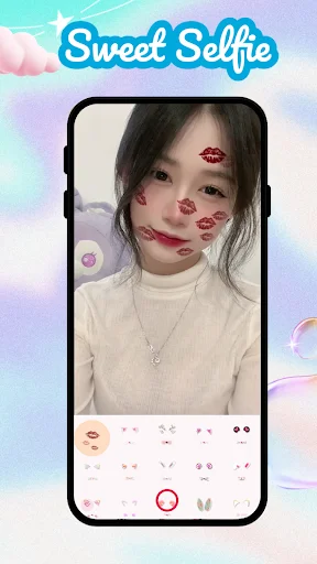 Sweet Selfie beauty camera with kiss mark filters on woman's selfie and filter customization menu