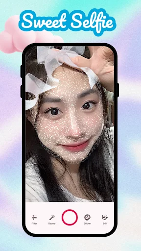 Sweet Camera app displaying sparkle face filter effects on woman's selfie with camera interface