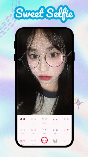 Sweet Selfie beauty camera showing vintage glasses filter on woman's portrait with enhancement controls